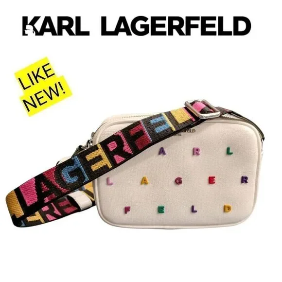 Karl Lagerfeld Colorful Lettered White Crossbody Bag w/ Signature Guitar Strap - Picture 1 of 12
